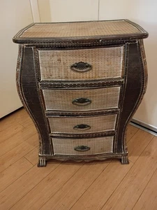VTG  Brown Rattan Wicker Bamboo & Brass Pulls 4 Drawer Nightstand End Table 27" - Picture 1 of 11