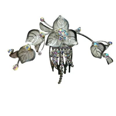 Silver Tone Mesh Flower Leaf Rhinestone Hair Comb Bridal Fashion Accessory - Image 1 of 4