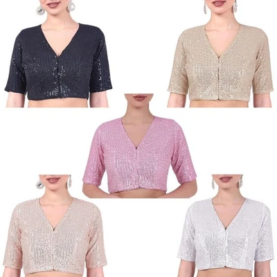 Way2Like Women's Blouse V Neck Sequin Readymade With Elbow Length Sleeves Choli - Image 1 of 3