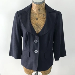 AUTONOMY BLAZER JACKET 12 NAVY BLUE Half Sleeve Plaid Button Formal Short LINEN - Picture 1 of 16