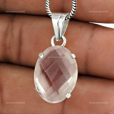 Solid Silver Oval Natural Rose Quartz Unique Bezel Heart Chakra New Wife Pendant - Image 1 of 4