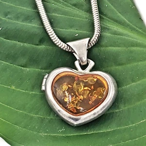 Sterling Silver 925 Amber Heart Locket Pendant Snake Chain Necklace 18 1/2" Long - Picture 1 of 5