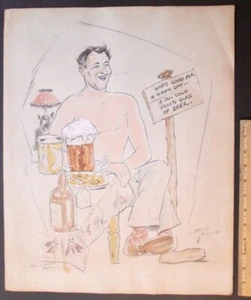 WWII STYLE CARICATURE SIGNED “T. TAYLOR 48" ~ Mentions Beer & May Co. 20" x 16" - Picture 1 of 12