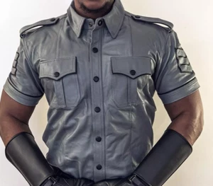 Herren Echtleder Rindsleder Gay Polizei Uniform Hemd Rindsleder Bluff Hemd - Bild 1 von 3