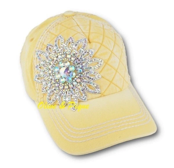 NWT Olive & Pique Quilted Washed AB Crystal Flower Baseball Hat - Yellow - Image 1 of 1