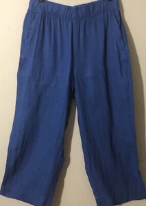 Tahari 100% Linen Wide-Leg Crop Pants Elastic Waist Pockets Blue Sz L NWT - Picture 1 of 5
