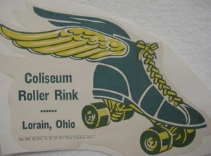 Decalcomania etichetta pista a rotelle vintage 1940 Ohio pattinaggio a rotelle Lorian OH Coliseum - Foto 1 di 4