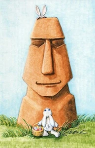 Biglietto PASQUA divertente, statua isola di Pasqua coniglietti di saluti galanti + busta - Foto 1 di 4