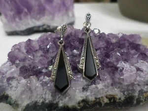 Pretty Sterling Deco Marcasite Black Onyx Drop Post Earrings - Picture 1 of 7