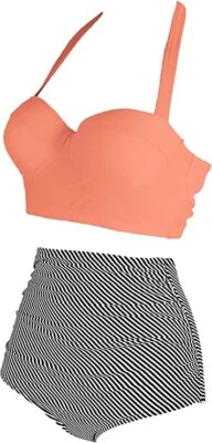 AMOURRI WOMENS VINTAGE UNDERWIRE HIGH WAISTED SWIMSUIT ORANGE B/W STRIPE SIZE L - Изображение 1 из 4