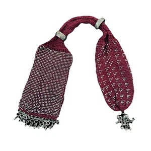 Antique Miser Purse Handmade, Burgundy Cotton Crochet, with Silver Steel Beading - Picture 1 of 5