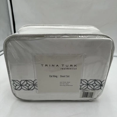 Trina Turk 4 Piece Cal King Sheet Set Trellis Block White Black NIP - Image 1 of 4