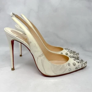 Christian Louboutin Drama Sling 100 Studded Patent Leather Slingback Heels Latte - Picture 1 of 13