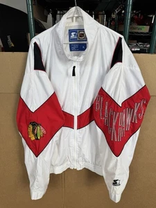 Vintage Chicago Blackhawks Starter Jacket Windbreaker Men's XL White Full Zip - Picture 1 of 18