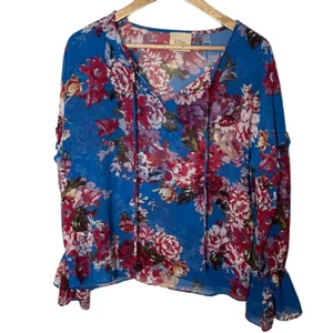 NWT Elie. Tahari Blue Spring Blossom Split Neck Floral Printed Blouse Top S - Picture 1 of 9