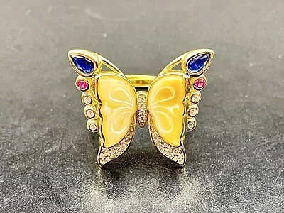 Anillo mariposa de diseñador enchapado en oro ámbar báltico tamaño ajustable Foto 1 de 4