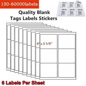 4" x 3-1/3" Laser/Ink Address Shipping Adhesive Labels 6 per Sheet Blank 6 UP - Picture 1 of 7