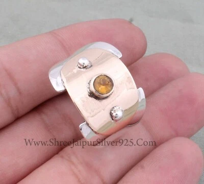 Anillo de banda ancha de plata de ley 925 de dos tonos de piedra citrino natural regalo para mujer Foto 1 de 4