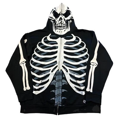 Y2K HYBRID FULL ZIP SKELETON MASK SKULL HOODIE SWEATSHIRT BLACK WHITE XL H8 - Image 1 of 4