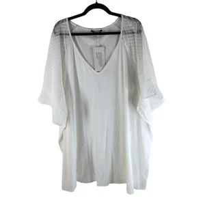 Bloomchic Womens Plain Geometric Mesh Raglan Sleeve Ruffle Trim T-Shirt Ivory 30 - Picture 1 of 5