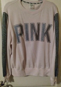 VICTORIA SECRET PINK CREW NECK LOGO PINK SPARKLE/GLITTER SWEATER!! M - Picture 1 of 3