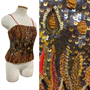 Vtg Vintage 1990s 90s Designer Ann Lawrence Red Flam Sequin Beaded Encrusted Top - Picture 1 of 4
