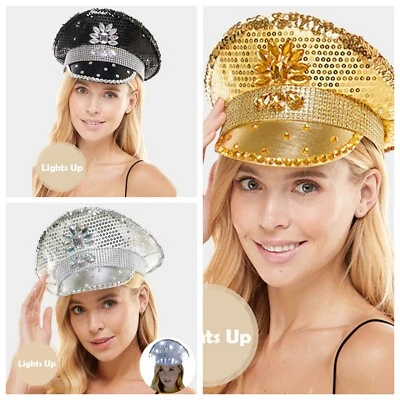 HAT CAP LIGHT UP bling POLICE/MILITARY RHINESTONE SEQUIN HAT ONE SIZE - Image 1 of 4