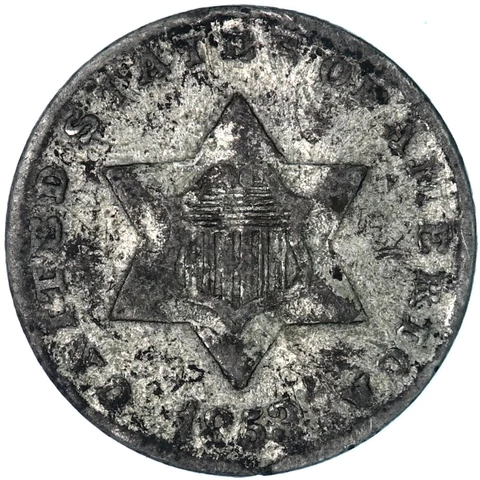 1853 (P) Three Cent Silver Coin Good GD See Pics V163 Cover