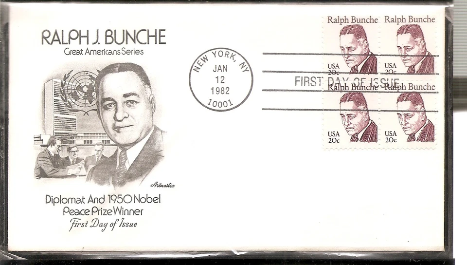 US SC# 1860 Ralph J. Bunche FDC. BLK4 . Artmaster Cachet. - Image 1 of 1