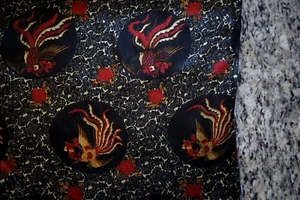 Chinese Gold Pheasant Bird Print Pat Satin Texture Decor Fabric Red Black BTY - Picture 1 of 3