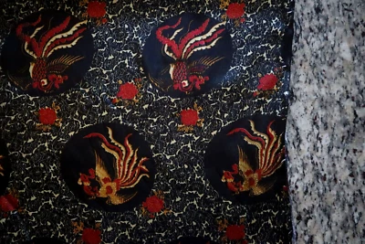Chinese Gold Pheasant Bird Print Pat Satin Texture Decor Fabric Red Black BTY - Image 1 of 3