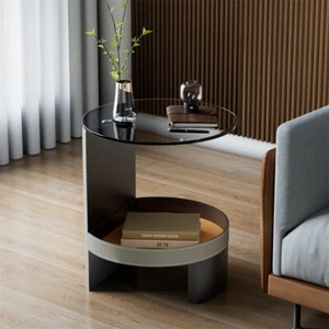 Rund Beistelltisch Modern Nachttisch Glas Leder Couchtisch Grau mit Stauraum DHL - Bild 1 von 12