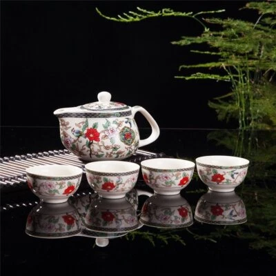 THY COLLECTIBLES Exquisite 5 PCS Flower & Birds Design Ceramic Tea Pot Tea Cups Set In...