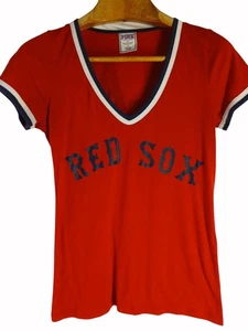 Victorias Secret Pink Red Sox V Neck T Shirt L Boston Play Ball Red Blue White - Picture 1 of 15