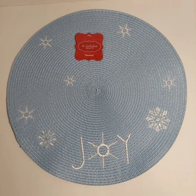 4 St. Nicholas Square 15-in Round Lt Blue "Joy" PLACEMATS w White Snowflakes - Image 1 of 4