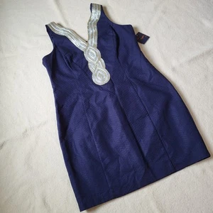 NWT Just Taylor Dress Women's Size 14P Navy Blue Shift Metallic Detail  - Picture 1 of 12