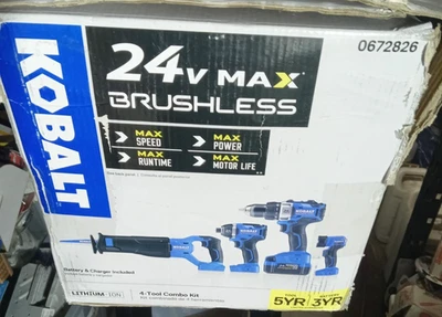 NEW Kobalt 4 Tool Brushless Power Tool Combo Kit w/Battery & Case 24v 4024A-03 - Image 1 of 4