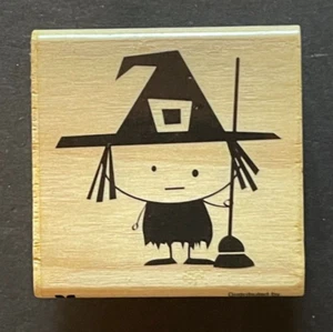 Cute Witch Uneven Eyes Halloween Fall Holiday Symbol Wood Rubber Stamp - Picture 1 of 3