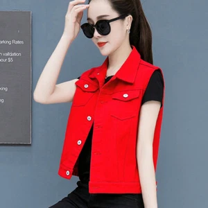 Cute Woman Girl Pure Blue Color Jeans Denim Sleeveless Mini Vest Short Tops Coat - Picture 1 of 19