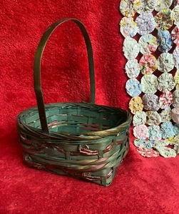 Vtg Dark Green & Maroon Highlights Basket with Handle - Picture 1 of 4