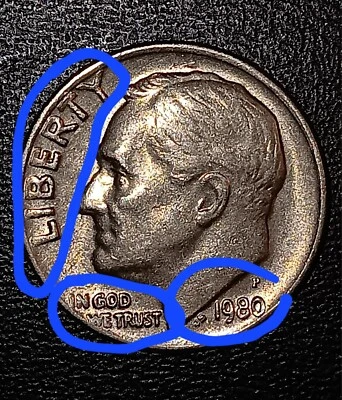 1980 P ROOSEVELT DIME ERROR- DDO, DDR, Crack Under United And  Crack UnderStates - Image 1 of 3