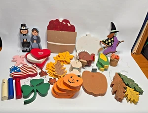 Assorted Lot Wood Cut Outs Holiday Fall Valentine Shamrock Flag Cupid - Picture 1 of 10