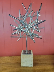 1960s Metal Abstract Starburst Decor On Wooden Base No Signature 24" - Picture 1 of 5