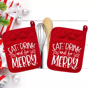 Eat Drink And Be Merry - Pocket Pot Holder - Oven Mitt - Hot Pad - Christmas 003 - Picture 1 of 1