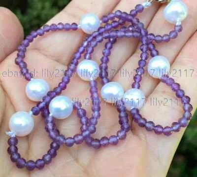 Collar de perlas de agua dulce blancas facetadas de 4 mm gemas de amatista natural de 7-8 mm 14-48"" Foto 1 de 3