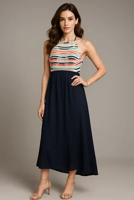 Maxi Vestido Roxy Para Mujer 2 Cuello Alto Azul Marino Costero Playa Resort Boho Ropa de Vacaciones Foto 1 de 4