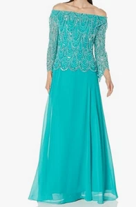 J Kara Women's Cowl Neck 3/4 Sleeve Beaded Pop Over Dress, Aqua Color, 18 - Picture 1 of 2