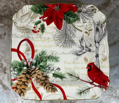 Square Salad Plates HOLIDAY WISHES 222 Fifth 8.5 Inch Porcelain Set Of 4 New - Image 1 of 4