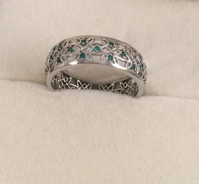 Винтажные ювелирные изделия белое золото кельтский группы кольцо изумруды старинный деко ювелирных изделий M - Изображение 1 из 4