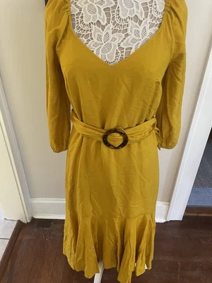 Maeve Anthropologie Artemis Midi Dress W/Belt Mustard Yellow Puff Sleeve Sz 12 - Image 1 of 4